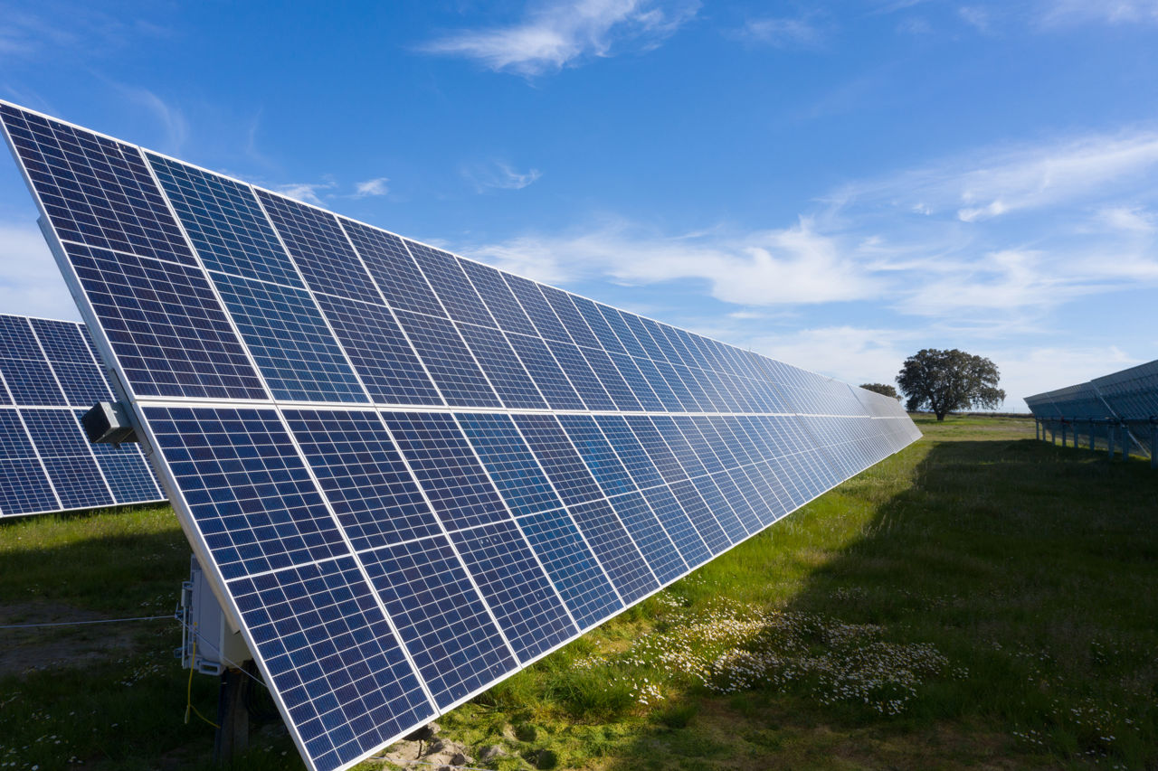 Solar panels under clear blue sky