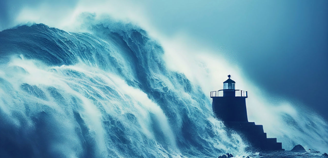 Lighthouse amidst very high stormy waves